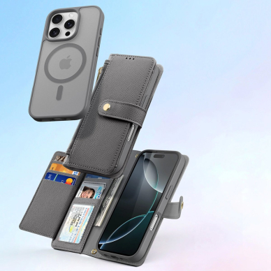 iPhone 16 Pro Max – Dux Ducis Lawa odinis dėklas su nuimama magnetine pinigine - Pilkas 2
