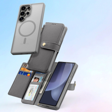 Dux Ducis Lawa odinis dėklas Samsung Galaxy S25 Ultra su nuimama magnetine pinigine - pilkas 9 Dux Ducis Lawa odinis dėklas Samsung Galaxy S25 Ultra su nuimama magnetine pinigine - pilkas 9
