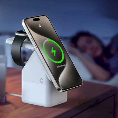 Duzzona W20 15W 4in1 indukcinis įkroviklis iPhone / AirPods / Apple Watch su naktiniu apšvietimu – baltas 15