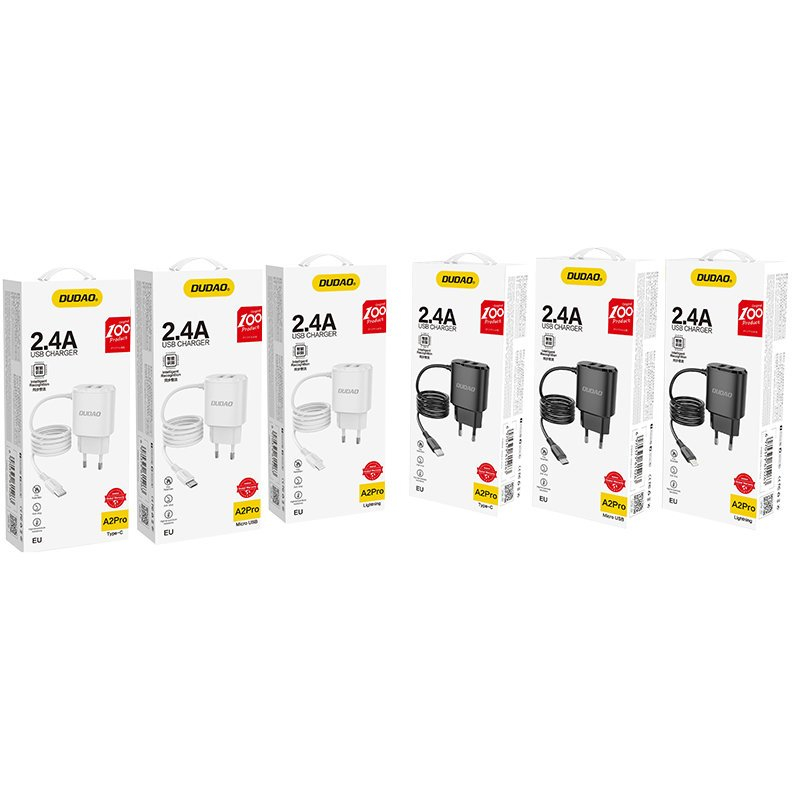 Buitinis įkroviklis Dudao 2x USB wall charger with built-in Lightning 12 W cable juodas 2 Buitinis įkroviklis Dudao 2x USB wall charger with built-in Lightning 12 W cable juodas 2