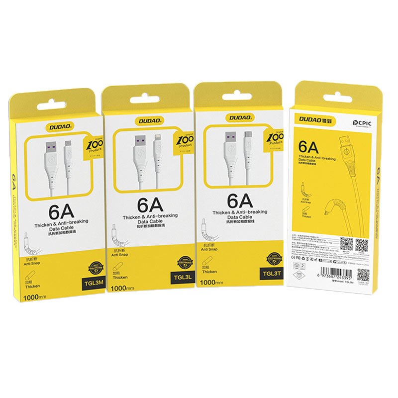 Kabelis Dudao USB - USB Type C 6A 1 m Baltas (TGL3T) 4 Kabelis Dudao USB - USB Type C 6A 1 m Baltas (TGL3T) 4