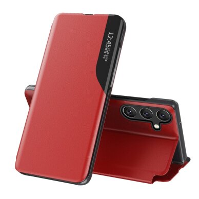 Akcija! Eco Leather View Dėklas Samsung Galaxy S25 with Flip Stand - raudonas