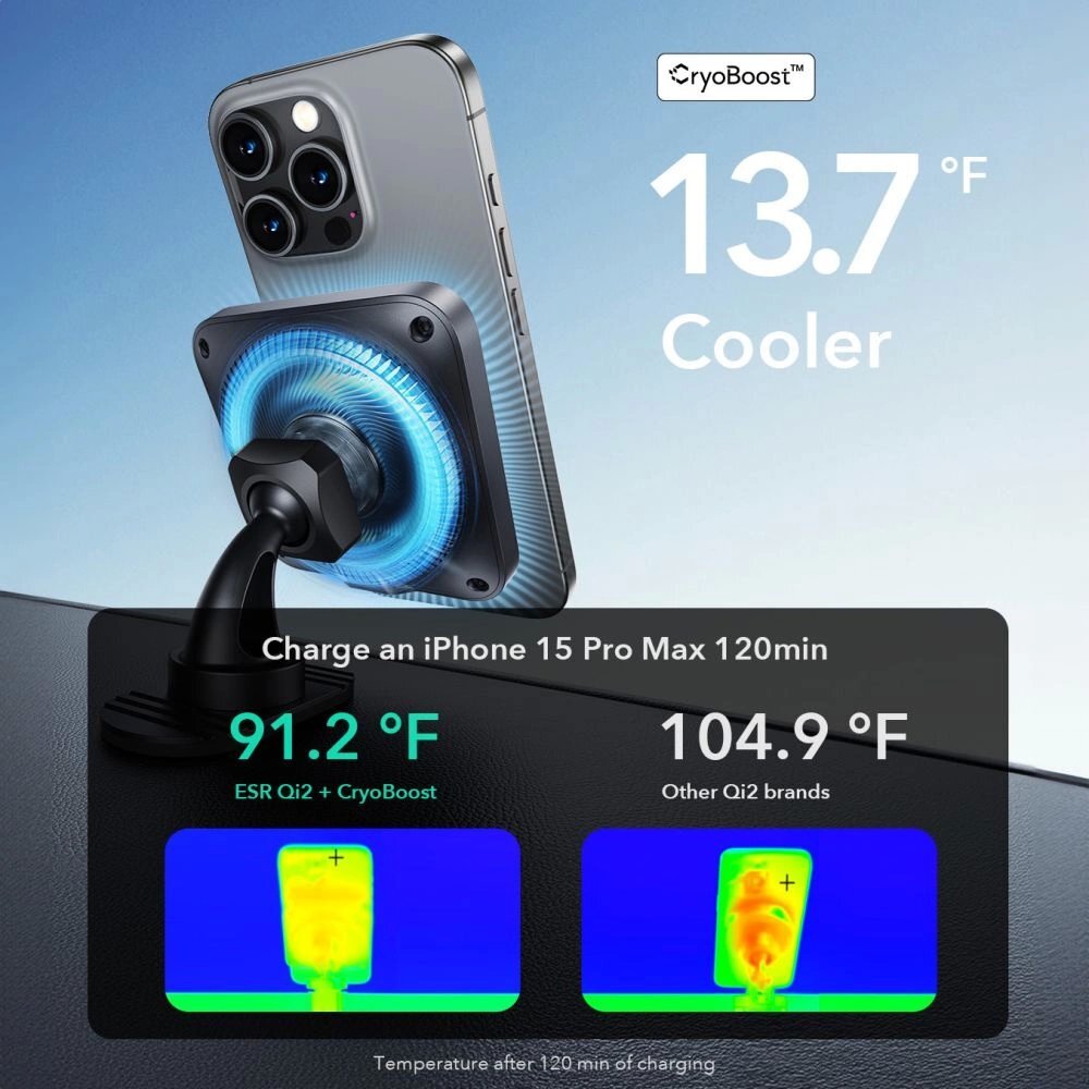 Belaidis įkroviklis-laikiklis ESR Halolock CryoBoost MagSafe su Qi2 15 W prietaisų skydeliui ir ventiliacijos angai – juodas 3 Belaidis įkroviklis-laikiklis ESR Halolock CryoBoost MagSafe su Qi2 15 W prietaisų skydeliui ir ventiliacijos angai – juodas 3