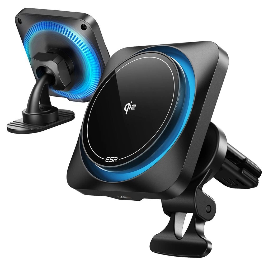 Belaidis įkroviklis-laikiklis ESR Halolock CryoBoost MagSafe su Qi2 15 W prietaisų skydeliui ir ventiliacijos angai – juodas Belaidis įkroviklis-laikiklis ESR Halolock CryoBoost MagSafe su Qi2 15 W prietaisų skydeliui ir ventiliacijos angai – juodas