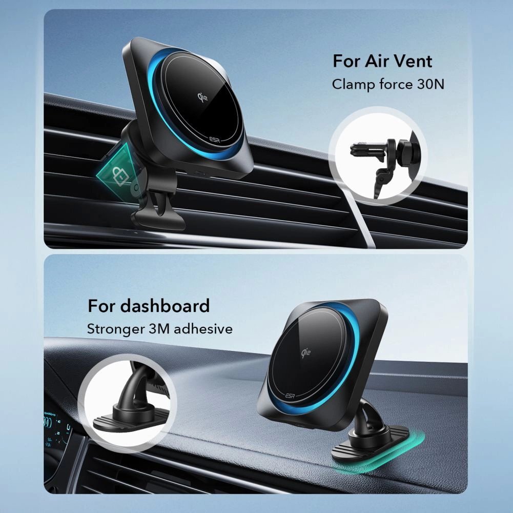 Belaidis įkroviklis-laikiklis ESR Halolock CryoBoost MagSafe su Qi2 15 W prietaisų skydeliui ir ventiliacijos angai – juodas 4 Belaidis įkroviklis-laikiklis ESR Halolock CryoBoost MagSafe su Qi2 15 W prietaisų skydeliui ir ventiliacijos angai – juodas 4