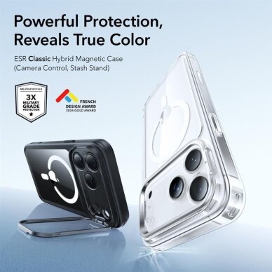 iPhone 17 Pro Max dėklas ESR Classic Hybrid Kickstand, MagSafe – skaidrus juodas 2