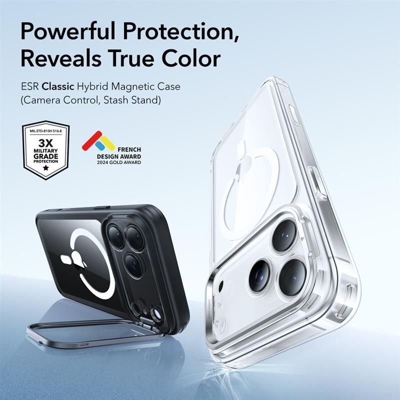 iPhone 17 Pro Max dėklas ESR Classic Hybrid Kickstand, MagSafe – skaidrus juodas 2