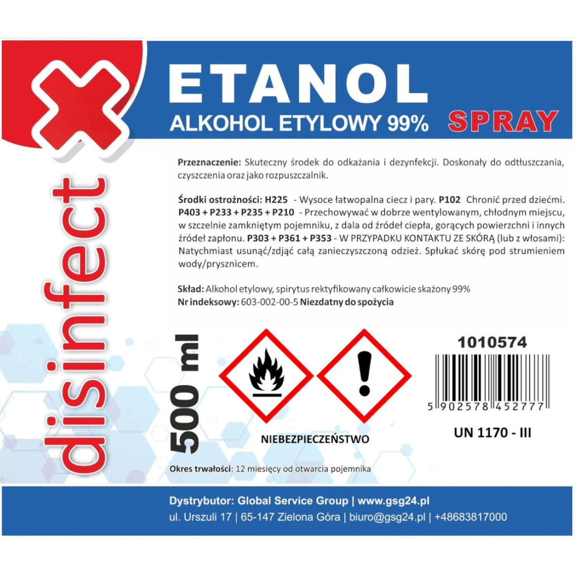 DISINFECT 99% ETHANOL etilo alkoholis purškiamas, denatūruotas – 500 ml 1