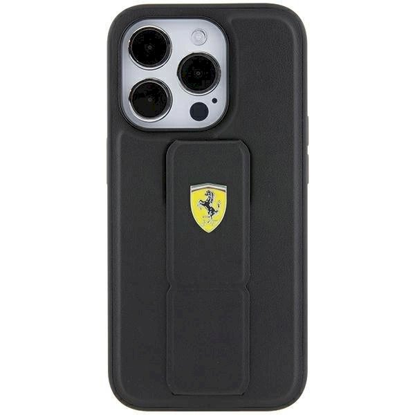 Ferrari Grip Stand Metal Logo dėklas skirtas iPhone 15 - Juodas Ferrari Grip Stand Metal Logo dėklas skirtas iPhone 15 - Juodas