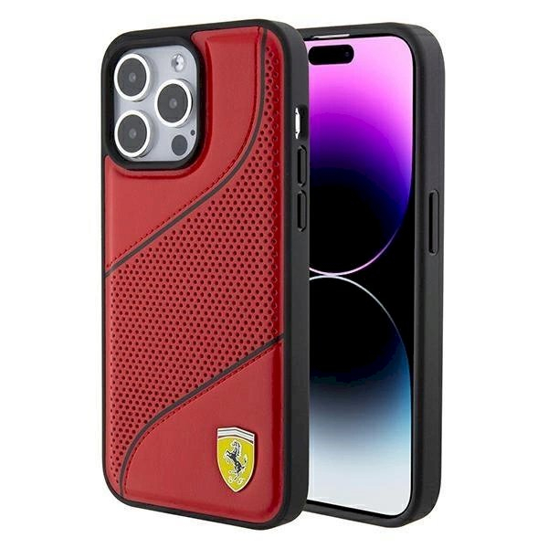 Ferrari Perforated Waves Metal Logo dėklas skirtas iPhone 15 Pro - Raudonas Ferrari Perforated Waves Metal Logo dėklas skirtas iPhone 15 Pro - Raudonas