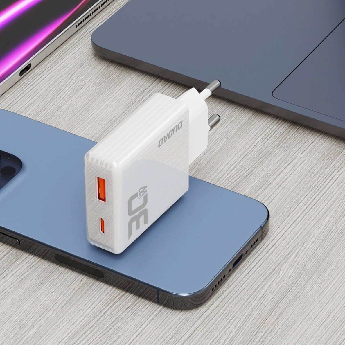 Dudao A30EU GaN 30W USB-A / USB-C sieninis įkroviklis – baltas 6 Dudao A30EU GaN 30W USB-A / USB-C sieninis įkroviklis – baltas 6