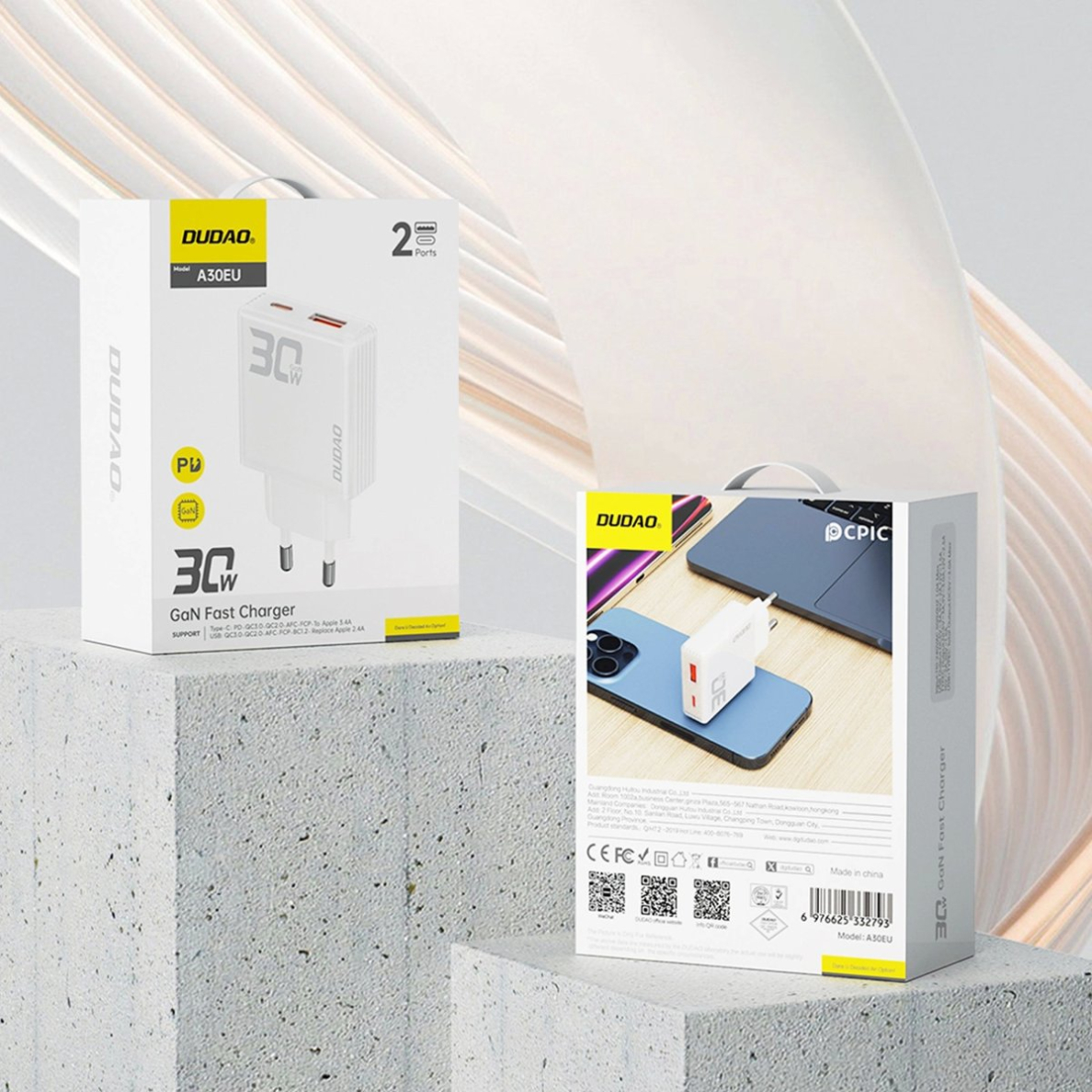 Dudao A30EU GaN 30W USB-A / USB-C sieninis įkroviklis – baltas 7 Dudao A30EU GaN 30W USB-A / USB-C sieninis įkroviklis – baltas 7