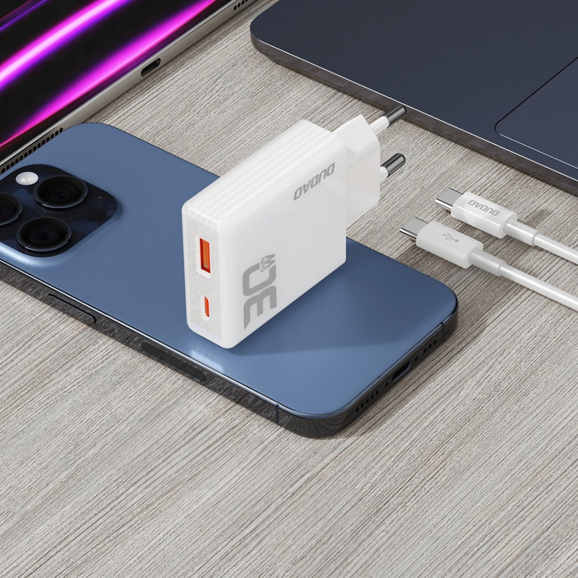 Dudao A30EUT GaN 30W USB-A / USB-C sieninis įkroviklis + USB-C – USB-C kabelis – baltas 7 Dudao A30EUT GaN 30W USB-A / USB-C sieninis įkroviklis + USB-C – USB-C kabelis – baltas 7