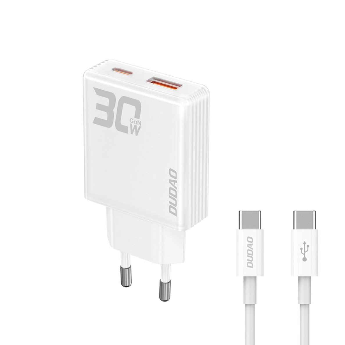 Dudao A30EUT GaN 30W USB-A / USB-C sieninis įkroviklis + USB-C – USB-C kabelis – baltas Dudao A30EUT GaN 30W USB-A / USB-C sieninis įkroviklis + USB-C – USB-C kabelis – baltas