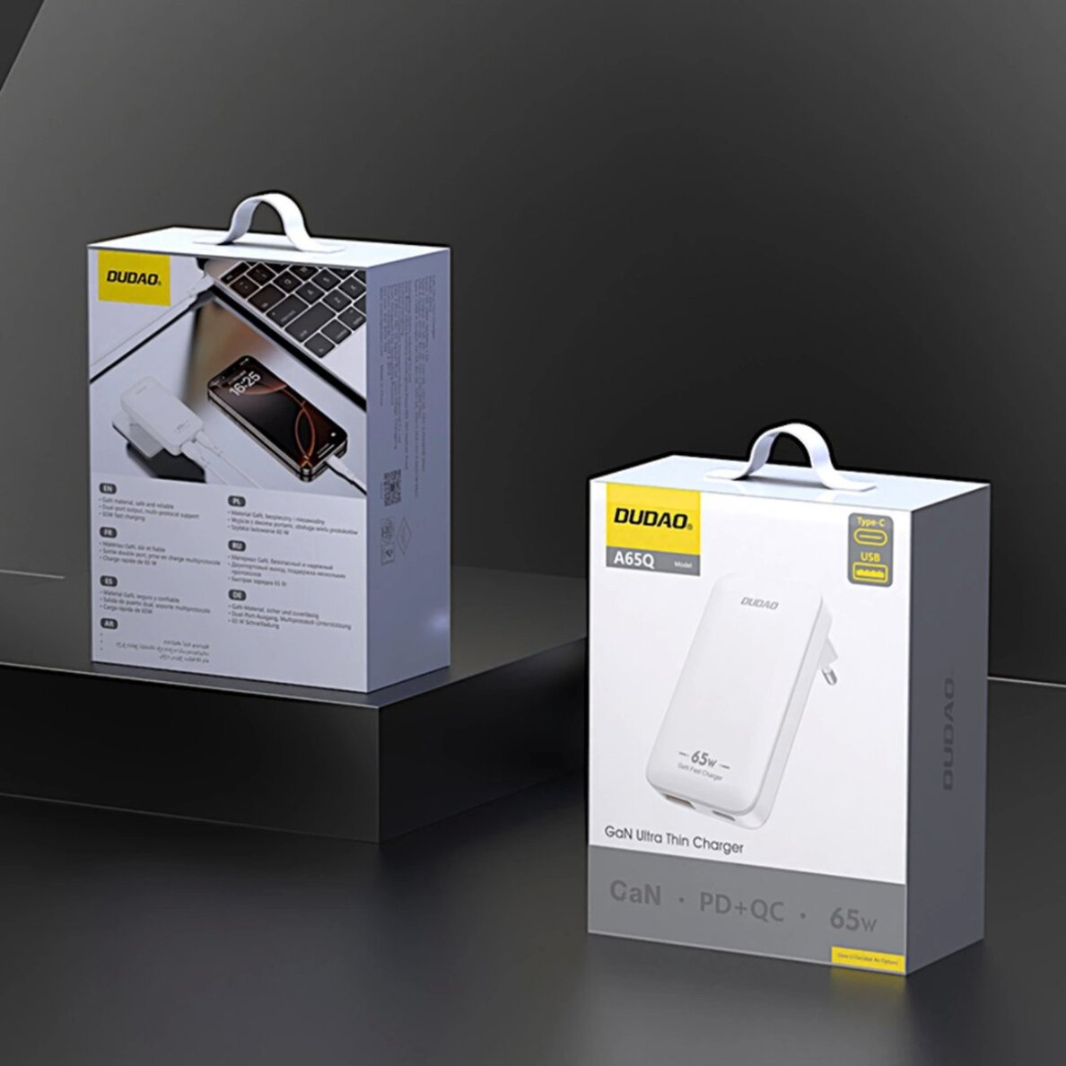 Sieninis įkroviklis GaN Dudao A65Q 65 W USB-A / USB-C PD itin plonas kelioninis (EU / US) – baltas 3 Sieninis įkroviklis GaN Dudao A65Q 65 W USB-A / USB-C PD itin plonas kelioninis (EU / US) – baltas 3