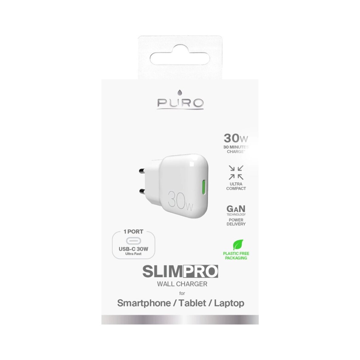 Sieninis įkroviklis GaN Puro SLIMPRO 30 W USB-C – baltas 2