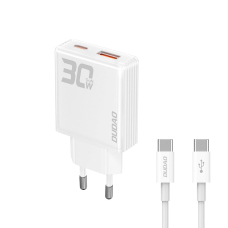 Dudao A30EUT GaN 30W USB-A / USB-C sieninis įkroviklis + USB-C – USB-C kabelis – baltas