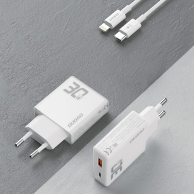 Dudao A30EUL GaN 30W USB-A / USB-C sieninis įkroviklis + USB-C – Lightning kabelis – baltas 2