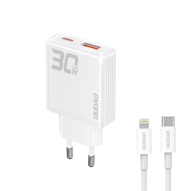 Dudao A30EUL GaN 30W USB-A / USB-C sieninis įkroviklis + USB-C – Lightning kabelis – baltas