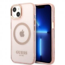 Telefono Dėklas Guess Gold Outline Translucent MagSafe na iPhone 13 Rožinis Skaidrus GNZ022