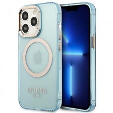 Telefono Dėklas Guess Gold Outline Translucent MagSafe na iPhone 13 Pro / iPhone 13 Mėlynas GNZ022