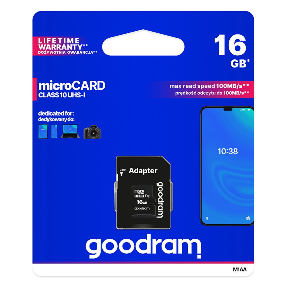Goodram Microcard 16 GB micro SD HC UHS-I class 10 Atminties kortelė, SD adapteris (M1AA-0160R12) Goodram Microcard 16 GB micro SD HC UHS-I class 10 Atminties kortelė, SD adapteris (M1AA-0160R12)