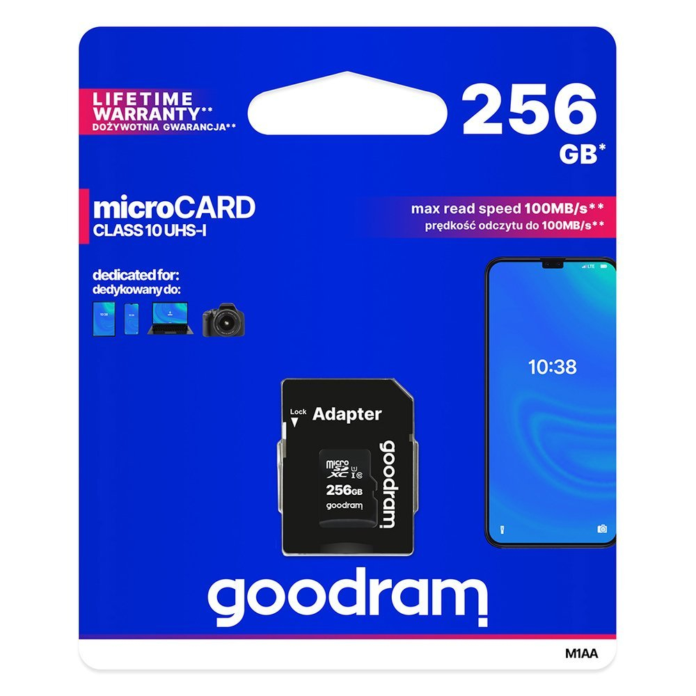 Goodram Microcard 256 GB micro SD XC UHS-I class 10 memory card, SD adapter (M1AA-2560R12) Goodram Microcard 256 GB micro SD XC UHS-I class 10 memory card, SD adapter (M1AA-2560R12)