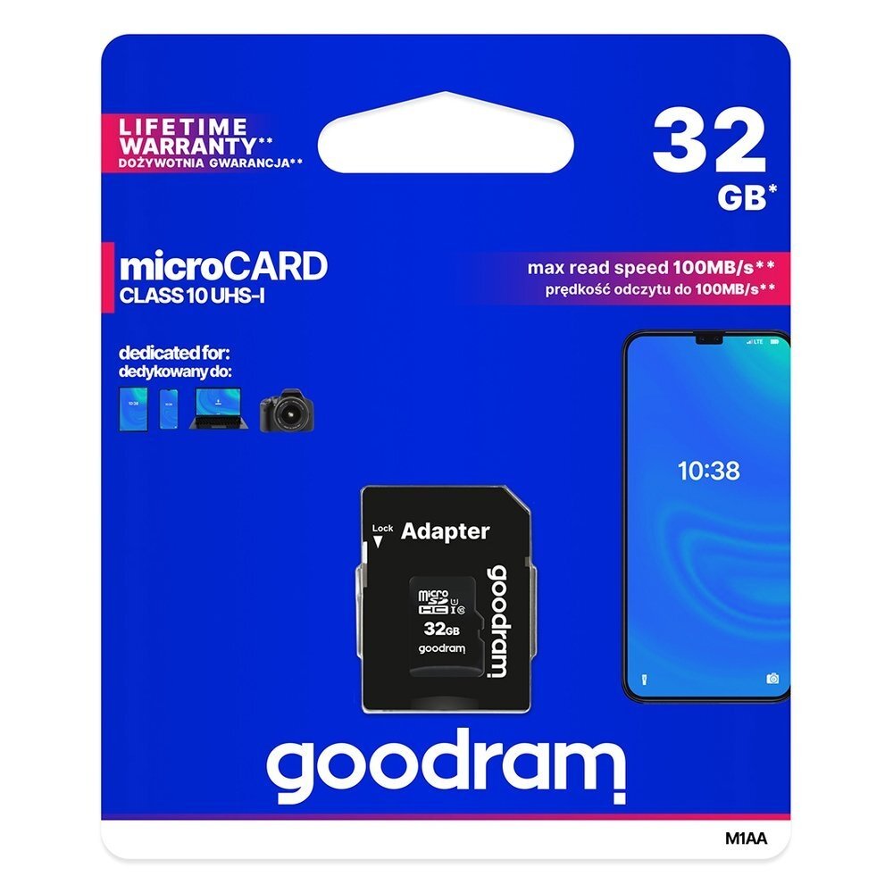 Goodram Microcard 32 GB micro SD HC UHS-I class 10 atminties kortelė, SD adapteris (M1AA-0320R12) Goodram Microcard 32 GB micro SD HC UHS-I class 10 atminties kortelė, SD adapteris (M1AA-0320R12)
