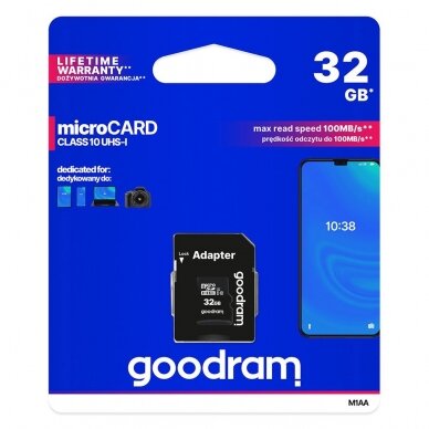 Goodram Microcard 32 GB micro SD HC UHS-I class 10 atminties kortelė, SD adapteris (M1AA-0320R12) Goodram Microcard 32 GB micro SD HC UHS-I class 10 atminties kortelė, SD adapteris (M1AA-0320R12)