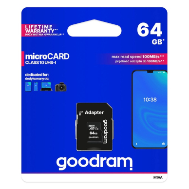 Goodram Microcard 64 GB micro SD XC UHS-I class 10 memory card, SD adapter (M1AA-0640R12) Goodram Microcard 64 GB micro SD XC UHS-I class 10 memory card, SD adapter (M1AA-0640R12)