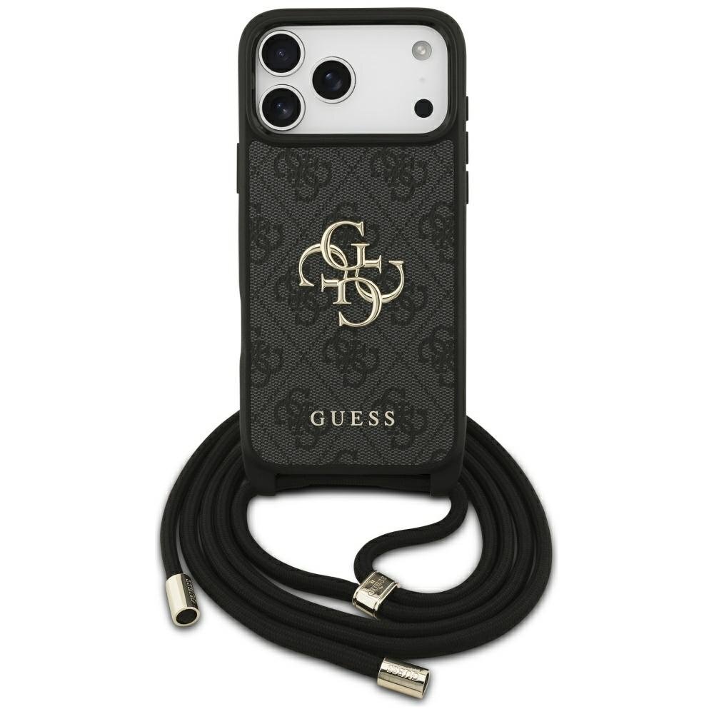 iPhone 17 Pro Max dėklas Guess 4G Big Logo Cord Strap Crossbody – juodas