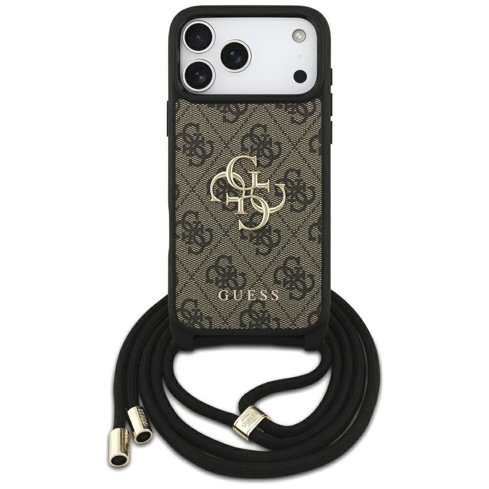 iPhone 17 Pro Max dėklas Guess 4G Big Logo Cord Stap Crossbody – rudas