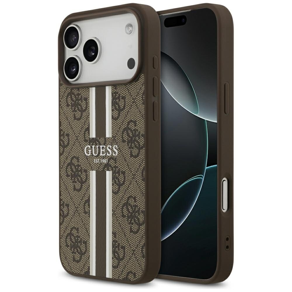 iPhone 17 Pro Max Guess 4G Printed Stripes MagSafe dėklas – rudas iPhone 17 Pro Max Guess 4G Printed Stripes MagSafe dėklas – rudas