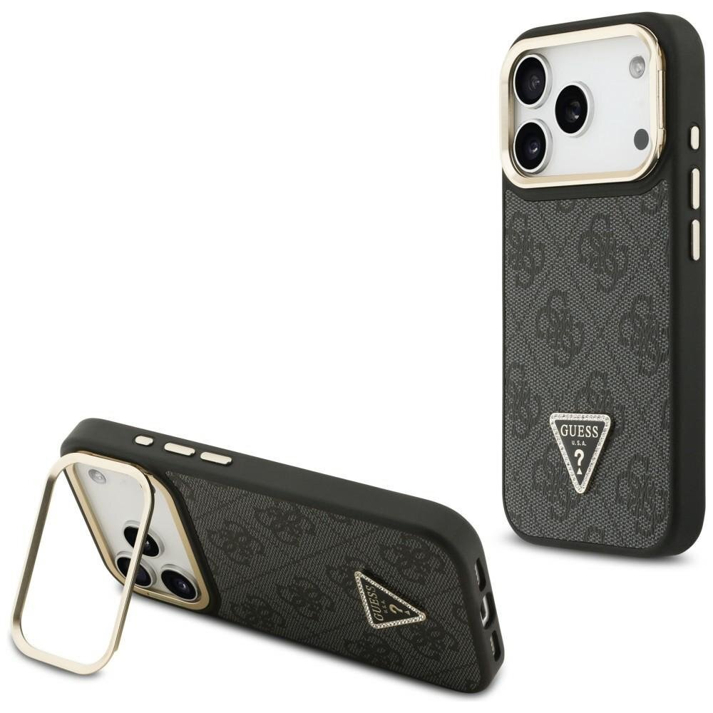 iPhone 17 Pro Guess 4G PU Triangle Logo & Stand Camera MagSafe dėklas – juodas