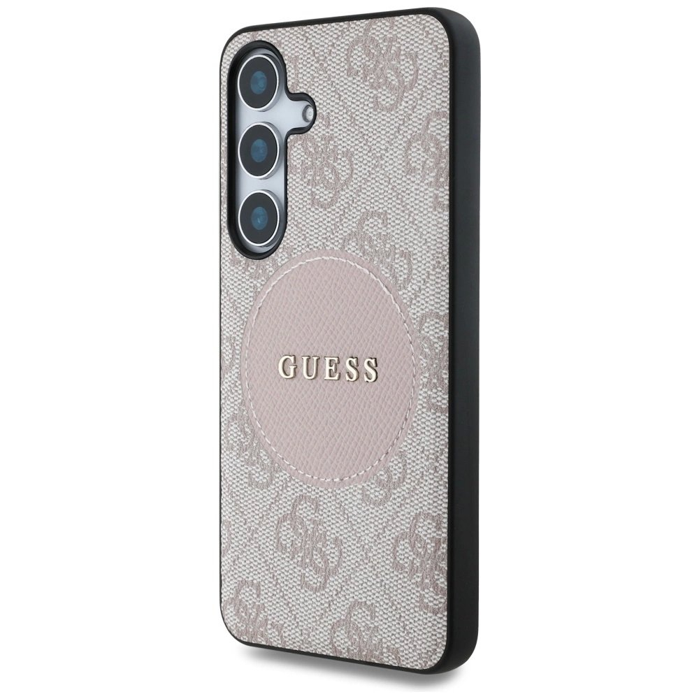 Guess 4G Round Patch Classic Logo MagSafe Dėklas Samsung Galaxy S25 Rožinis 1