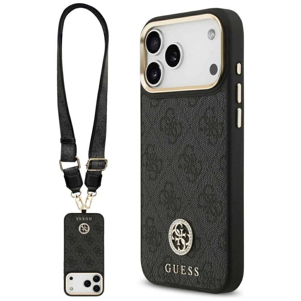 iPhone 17 Pro Max Guess 4G Strass Logo & Big Strap Metal Buttons MagSafe dėklas – juodas iPhone 17 Pro Max Guess 4G Strass Logo & Big Strap Metal Buttons MagSafe dėklas – juodas