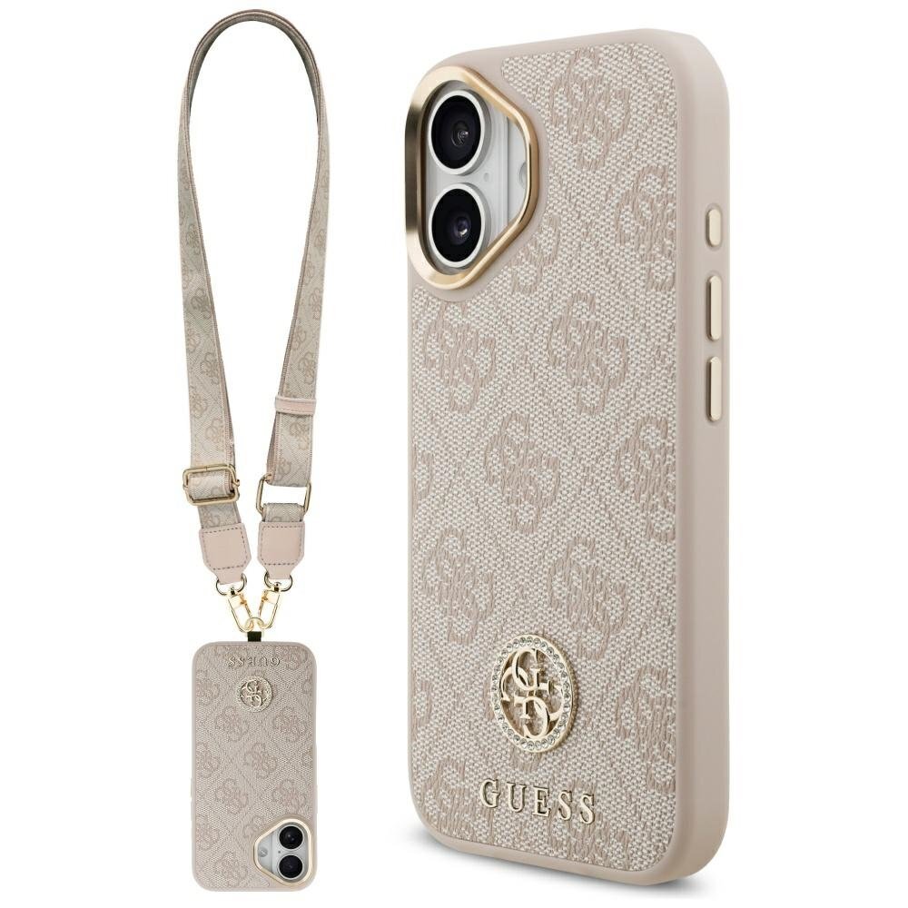 iPhone 17 dėklas Guess 4G Strass Logo & Big Strap Metal Buttons, MagSafe – rožinis iPhone 17 dėklas Guess 4G Strass Logo & Big Strap Metal Buttons, MagSafe – rožinis
