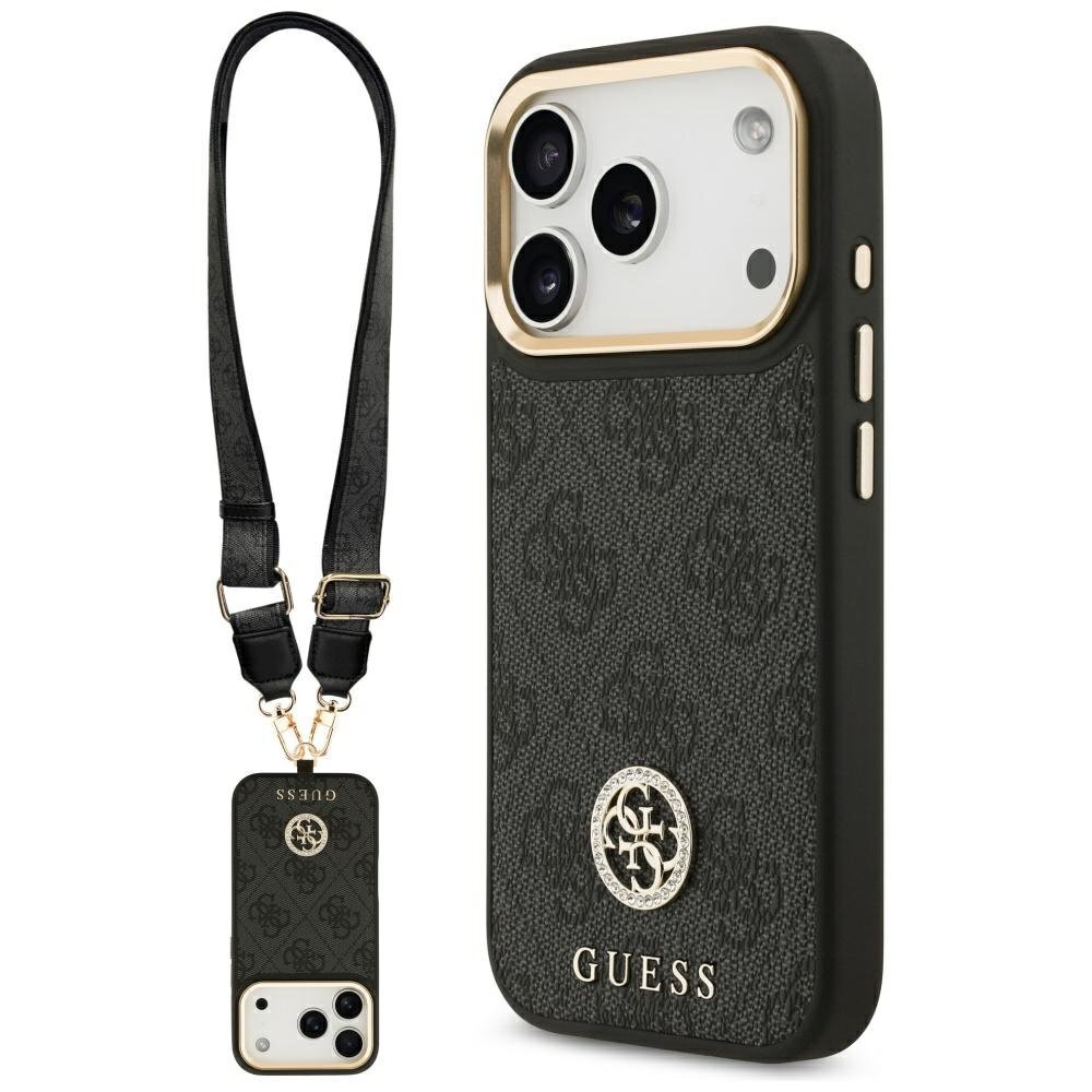 iPhone 17 Pro Guess 4G Strass Logo & Big Strap Metal Buttons MagSafe dėklas – juodas iPhone 17 Pro Guess 4G Strass Logo & Big Strap Metal Buttons MagSafe dėklas – juodas