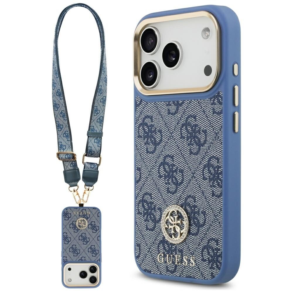 iPhone 17 Pro Guess 4G Strass Logo & Big Strap Metal Buttons MagSafe dėklas – mėlynas iPhone 17 Pro Guess 4G Strass Logo & Big Strap Metal Buttons MagSafe dėklas – mėlynas