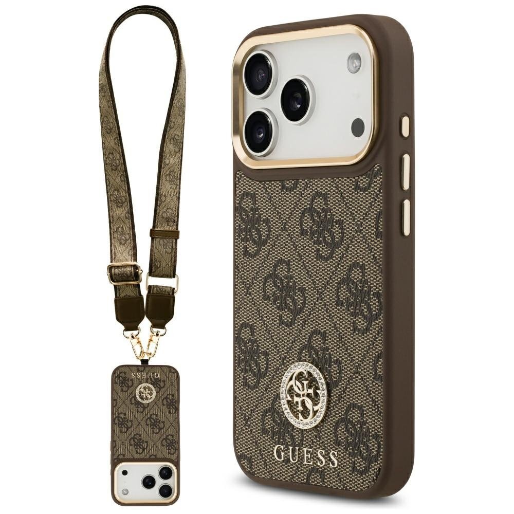iPhone 17 Pro Guess 4G Strass Logo & Big Strap Metal Buttons MagSafe dėklas – rudas