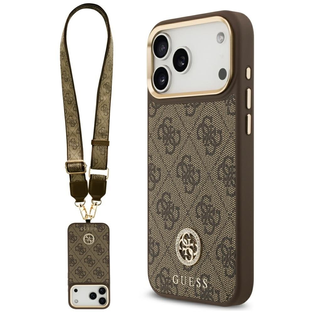 iPhone 17 Pro Max Guess 4G Strass Logo & Big Strap Metal Buttons MagSafe dėklas – rudas