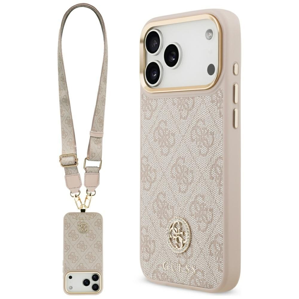 iPhone 17 Pro Max dėklas Guess 4G Strass Logo & Big Strap Metal Buttons MagSafe – rožinis