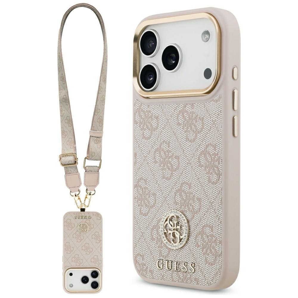 iPhone 17 Pro dėklas Guess 4G Strass Logo & Big Strap su metaliniais mygtukais, MagSafe – rožinis iPhone 17 Pro dėklas Guess 4G Strass Logo & Big Strap su metaliniais mygtukais, MagSafe – rožinis