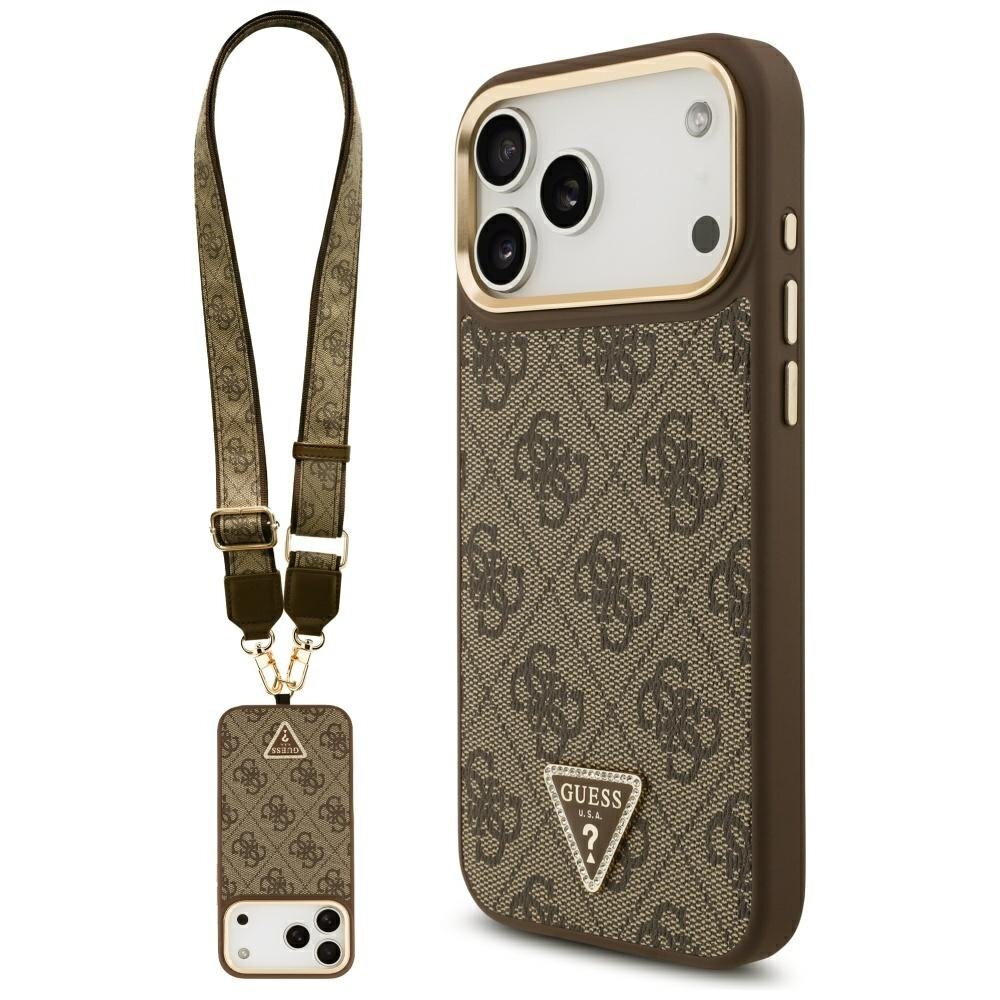 iPhone 17 Pro Max Guess 4G Triangle Logo & Big Strap Metal Buttons MagSafe dėklas – rudas iPhone 17 Pro Max Guess 4G Triangle Logo & Big Strap Metal Buttons MagSafe dėklas – rudas