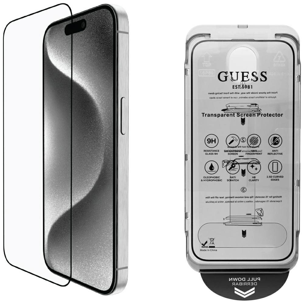 Guess BP Rhinestone 2in1 ekrano ir kameros apsaugos komplektas skirtas iPhone 16 Pro Max – auksinis