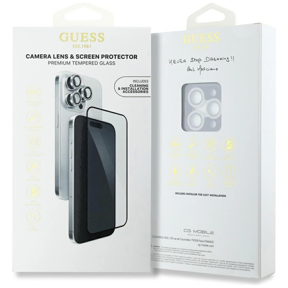 Guess BP Rhinestone 2in1 ekrano ir kameros apsaugos komplektas skirtas iPhone 16 Pro Max – sidabrinis 3