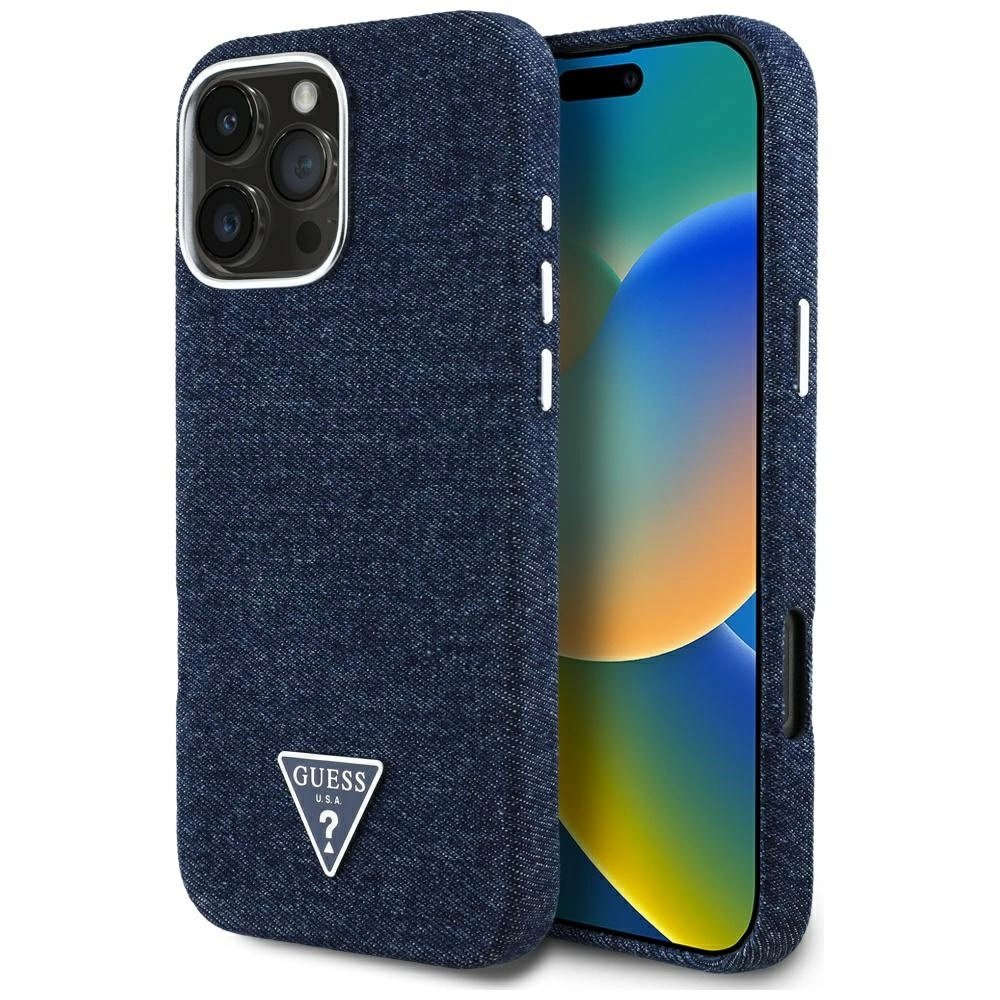 iPhone 16 Pro – Guess Denim Triangle Logo MagSafe dėklas - Mėlynas iPhone 16 Pro – Guess Denim Triangle Logo MagSafe dėklas - Mėlynas
