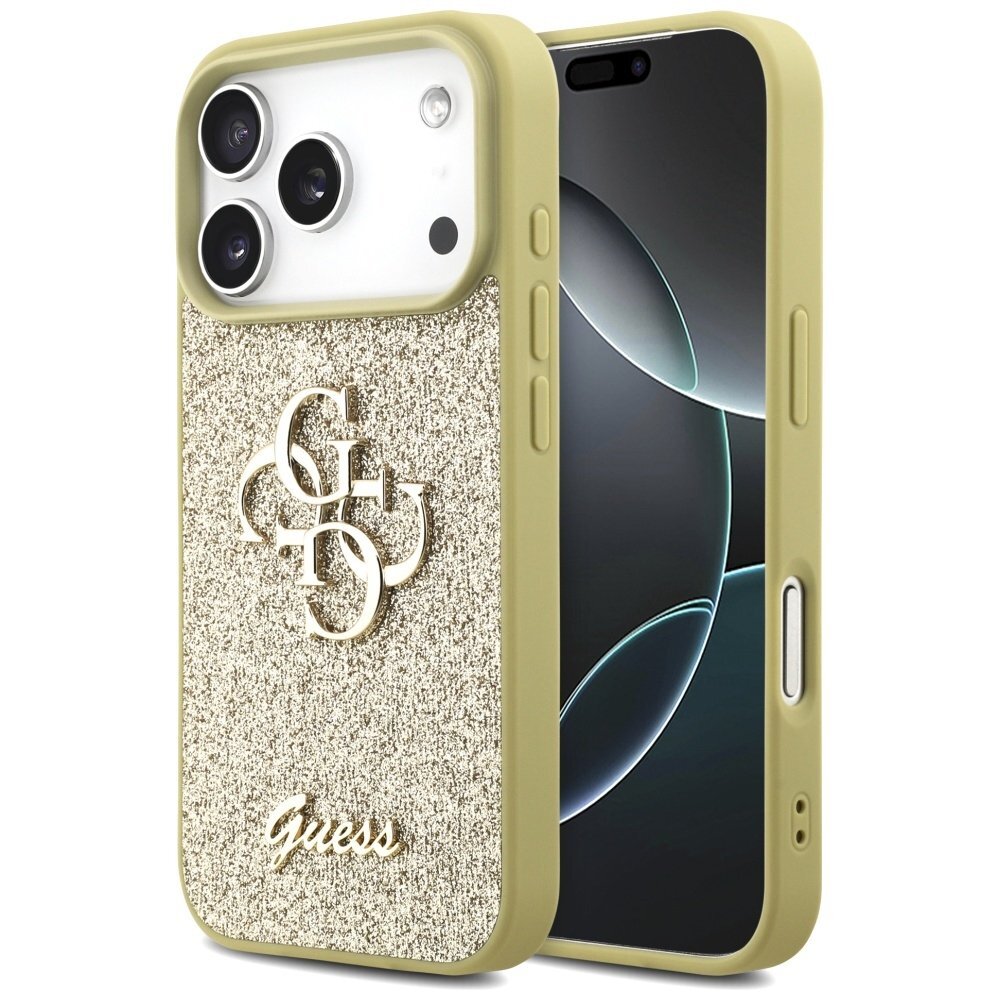 iPhone 17 Pro dėklas Guess Fixed Glitter Big 4G – auksinis