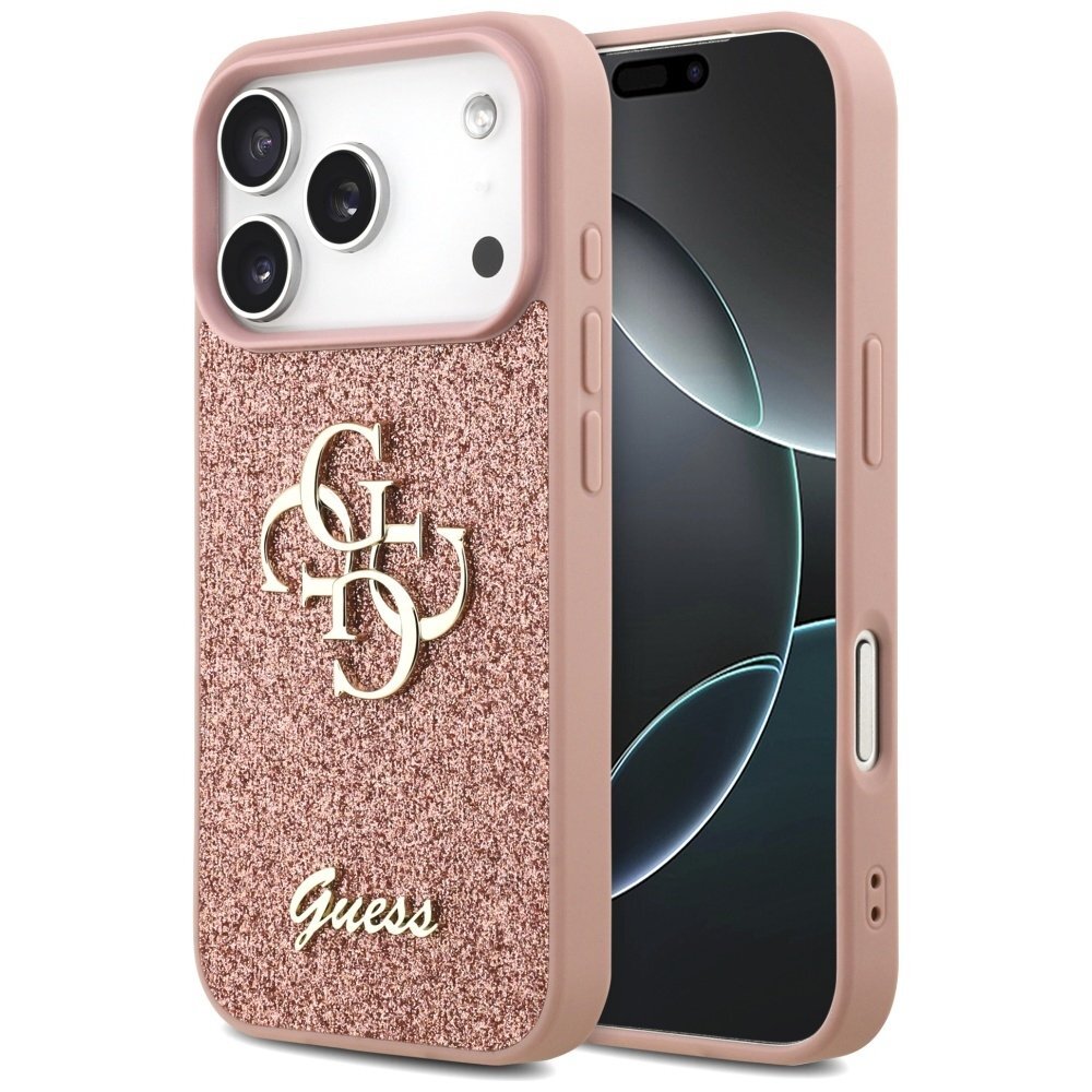 iPhone 17 Pro dėklas Guess Fixed Glitter Big 4G – rožinis