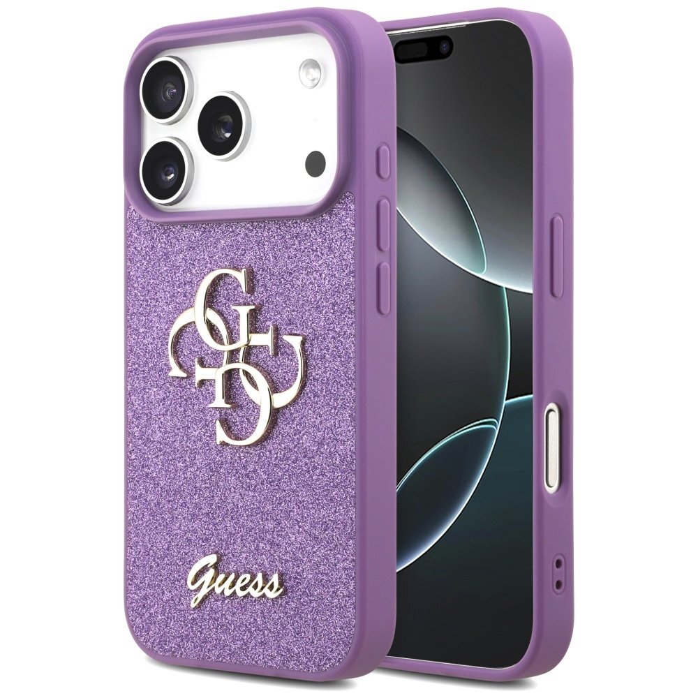 iPhone 17 Pro dėklas Guess Fixed Glitter Big 4G – violetinis iPhone 17 Pro dėklas Guess Fixed Glitter Big 4G – violetinis